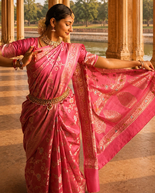 Pink Pure Banarasi Saree with Floral Meenakari Trail Weaves
