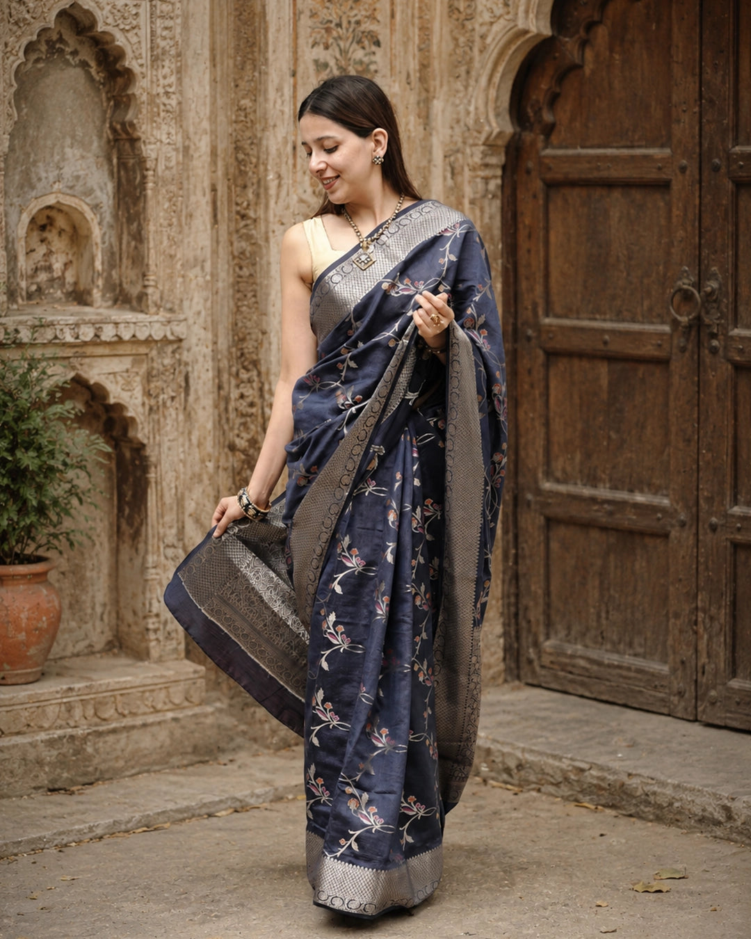 Blue Pure Banarasi Saree with Floral Meenakari Zari Weaving