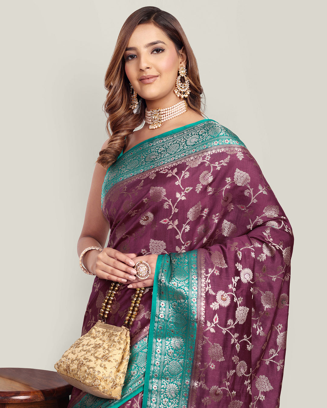 Wine & Green Handwoven Jaal Banarasi Silk Saree