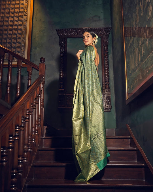 Green Pure Banarasi Saree with Pastel Floral Meenakari Weaving