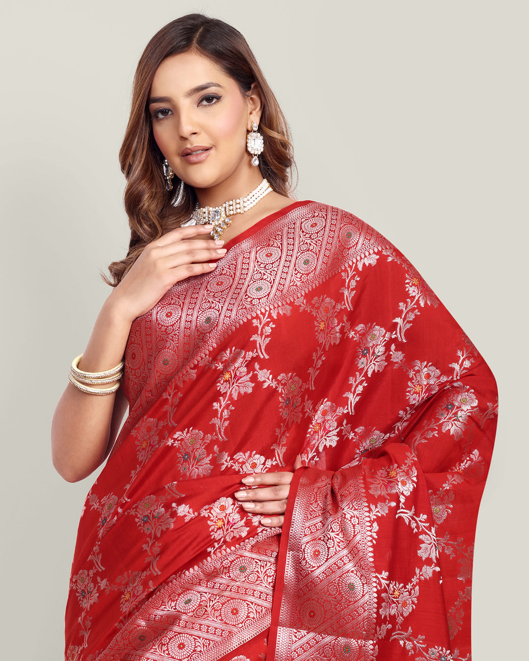 Cherry Red Handwoven Jaal Banarasi Silk Saree