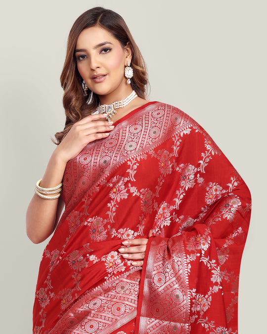 Cherry Red Handwoven Jaal Banarasi Silk Saree