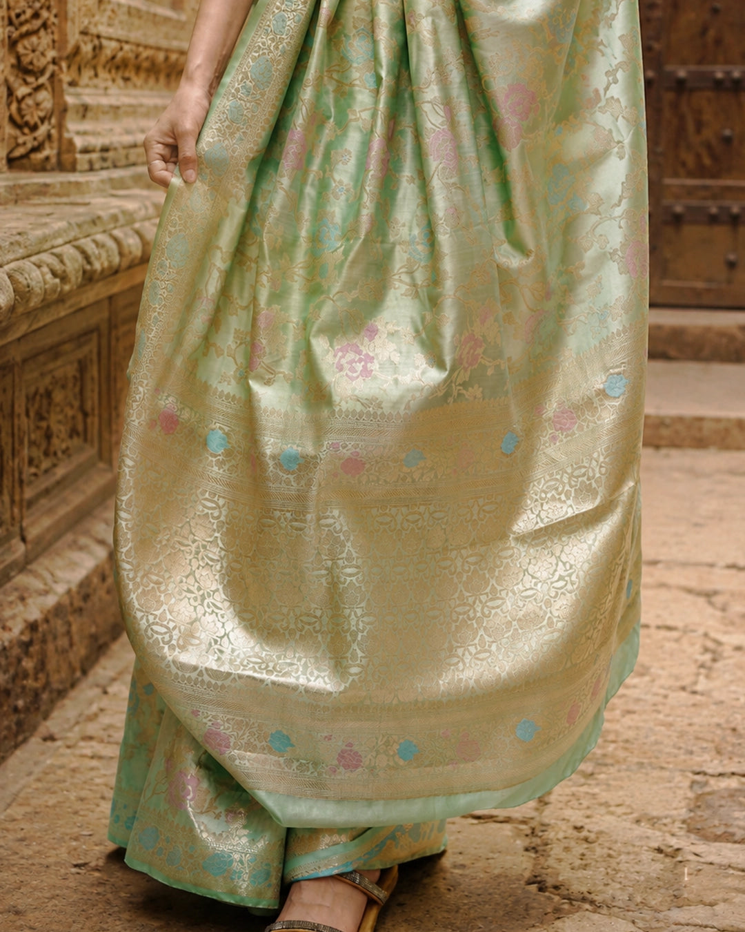 Light Green Pure Banarasi Saree with Multicolour Floral Meenakari Weaving