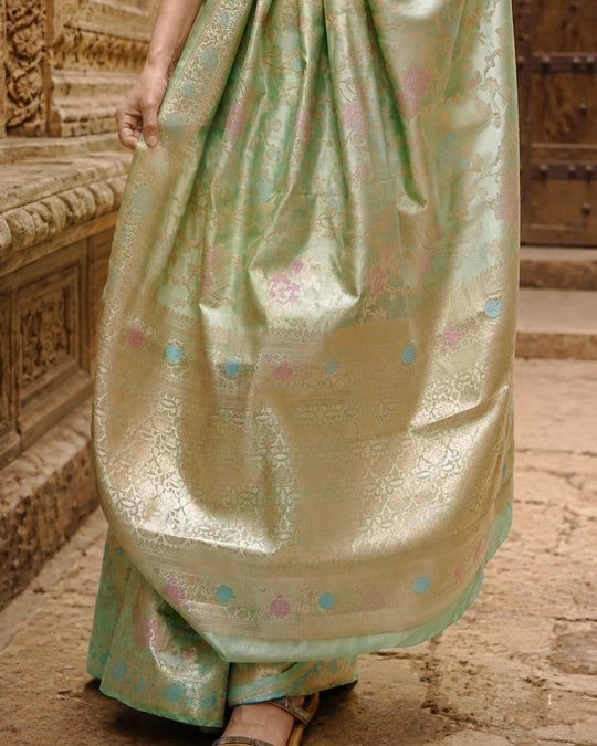 Light Green Pure Banarasi Saree with Multicolour Floral Meenakari Weaving