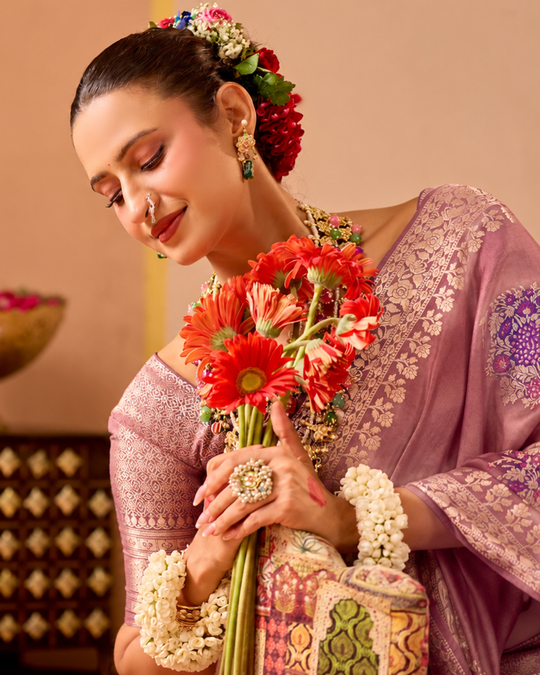 Dusty Rose Pure Banarasi Saree with Floral Meena Weaves