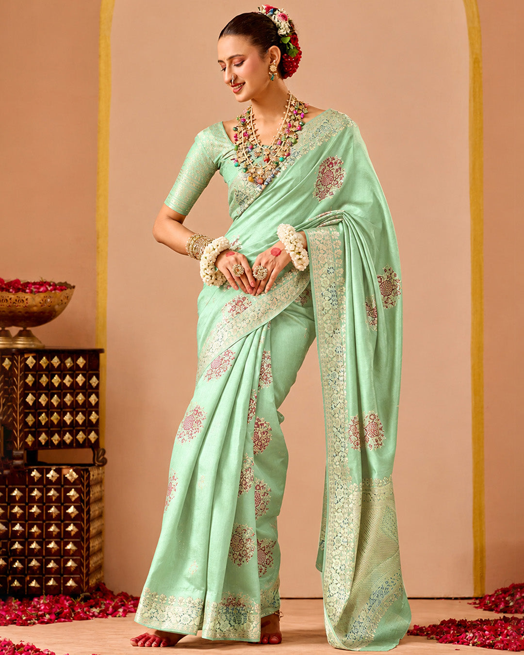 Celadon Pure Banarasi Silk Saree with Graceful Meenakari Floral Weaving