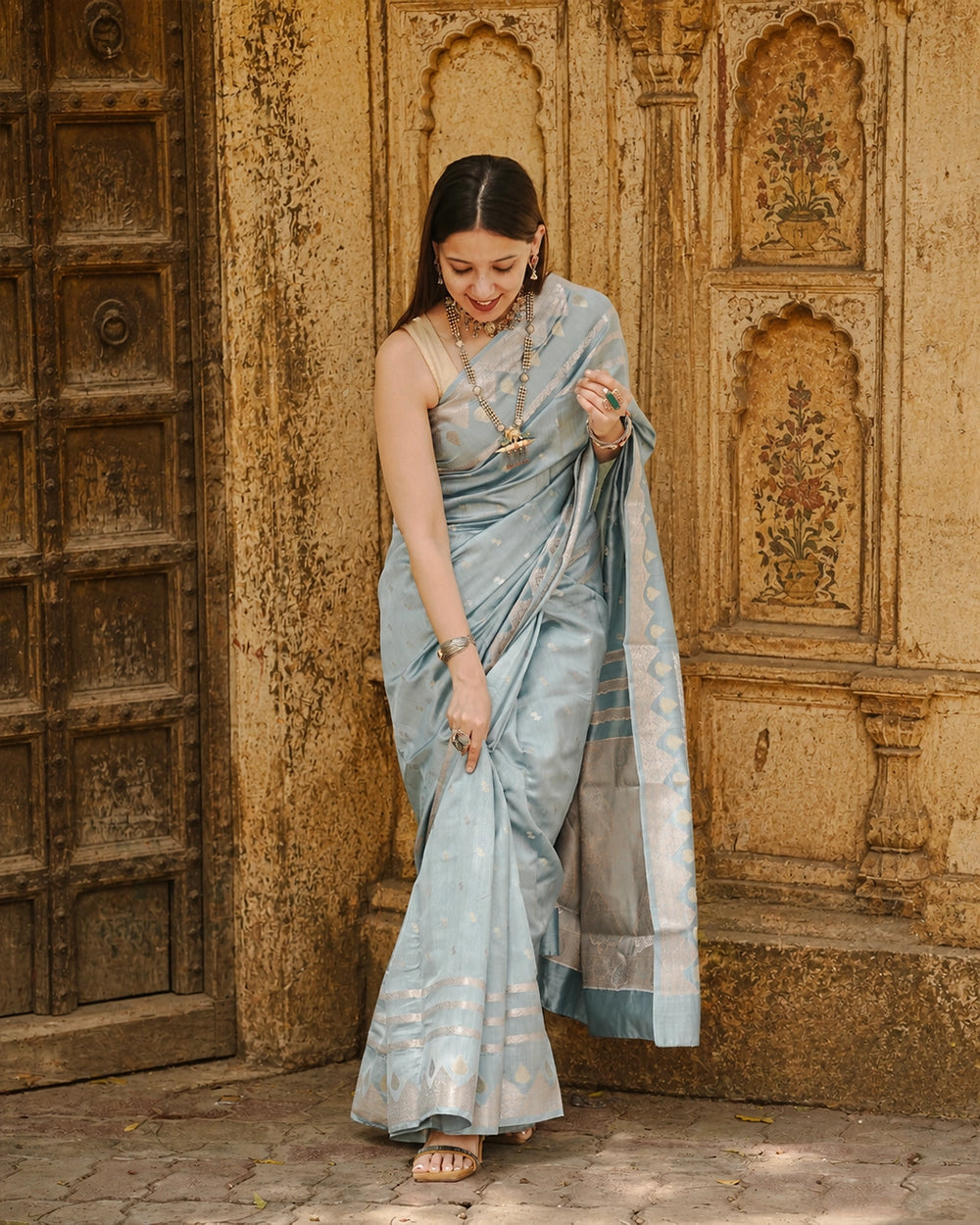 Greyish Ice Blue Pure Banarasi Saree with Delicate Zari Motifs Weaves