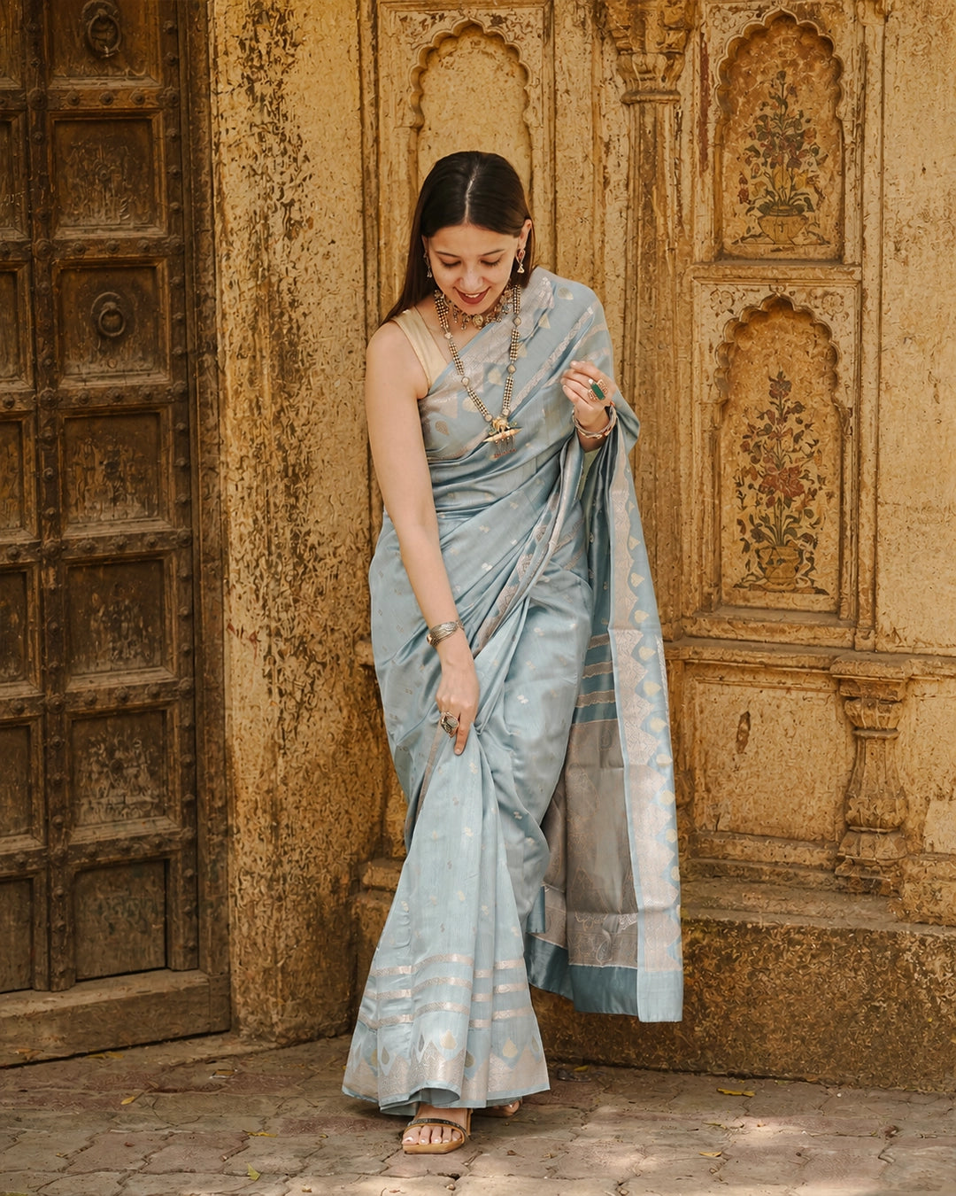 Greyish Ice Blue Pure Banarasi Saree with Delicate Zari Motifs Weaves