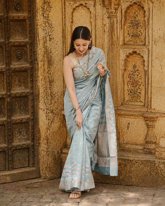 Greyish Ice Blue Pure Banarasi Saree with Delicate Zari Motifs Weaves