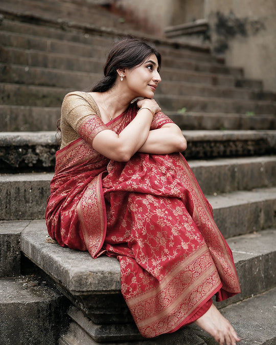 Red Pure Banarasi Saree with Gold Zari Floral Jaal