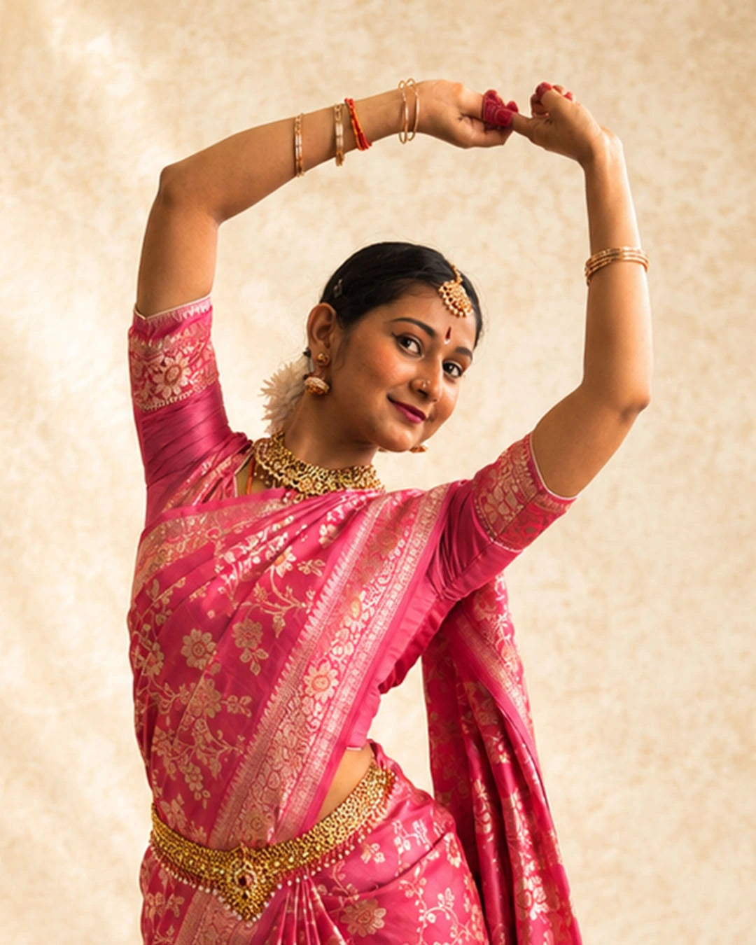 Pink Pure Banarasi Saree with Floral Meenakari Trail Weaves