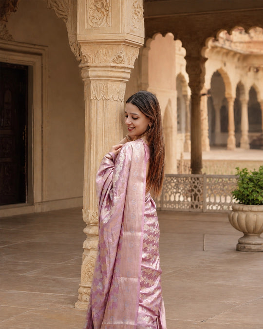 Soft Lilac Pure Banarasi Saree with Intricate Floral Zari Weaving