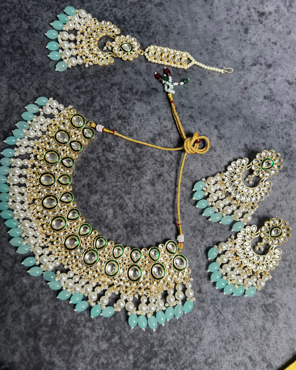 Gold Plated Green Kundan Studded Blue Beaded Jewellery Set