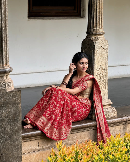 Red Pure Banarasi Saree with Gold Zari Floral Jaal