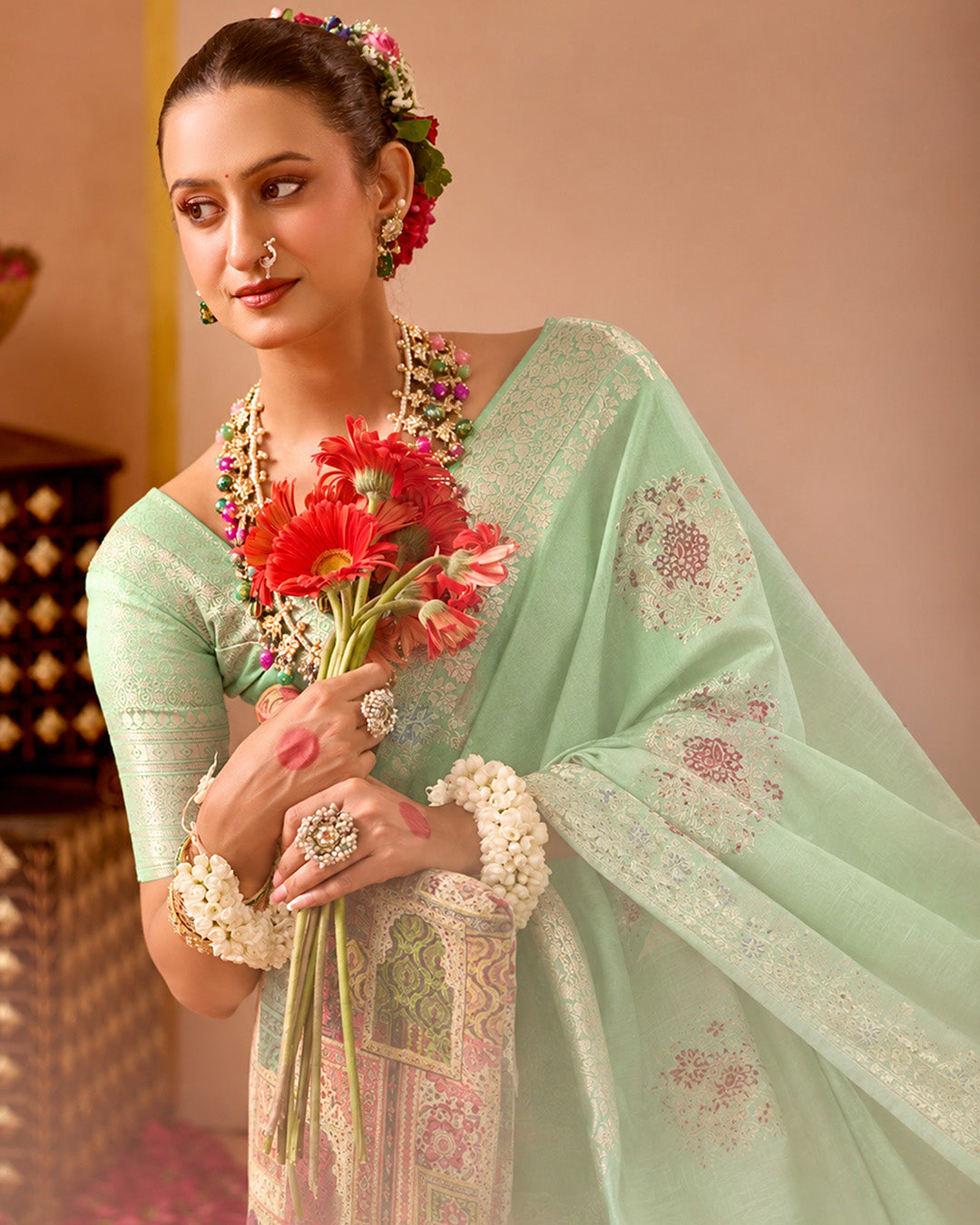 Celadon Pure Banarasi Silk Saree with Graceful Meenakari Floral Weaving