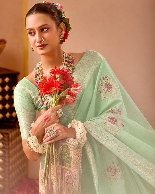 Celadon Pure Banarasi Silk Saree with Graceful Meenakari Floral Weaving