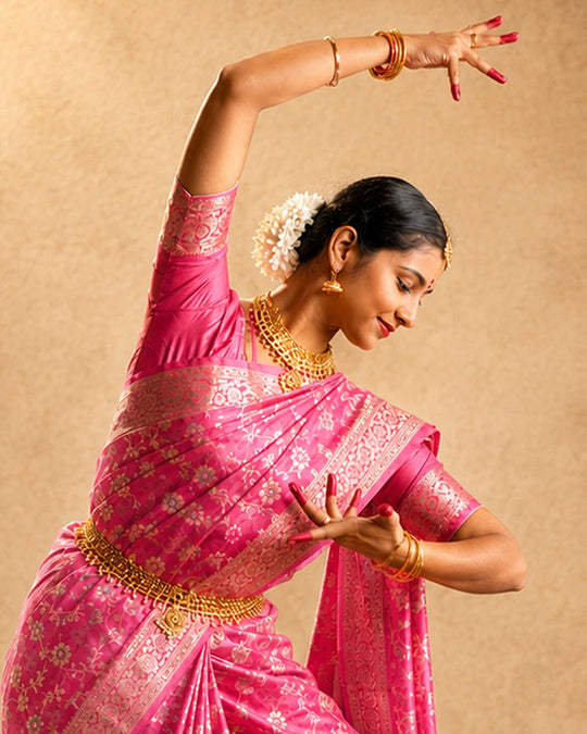 Pink Pure Banarasi Saree with Floral Meenakari Trail Weaves