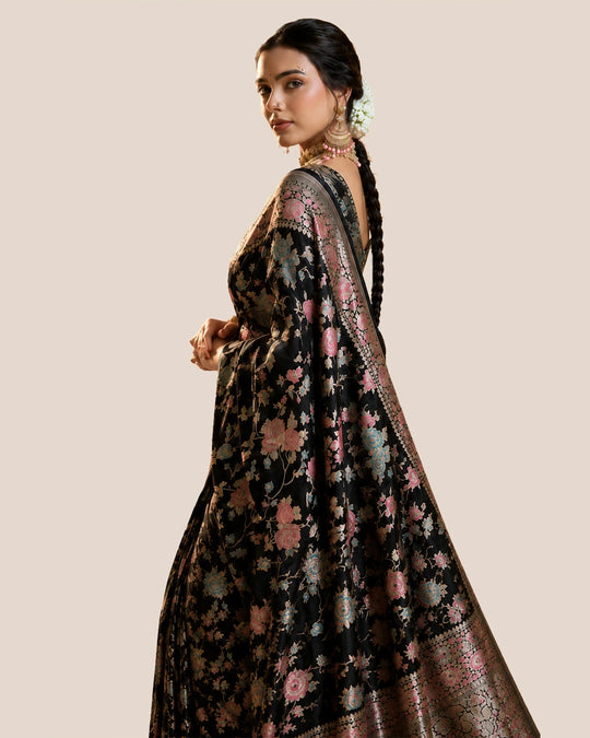 Black Pure Katan Saree with Legacy Meenakari Floral Craftsmanship