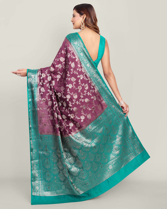 Wine & Green Handwoven Jaal Banarasi Silk Saree