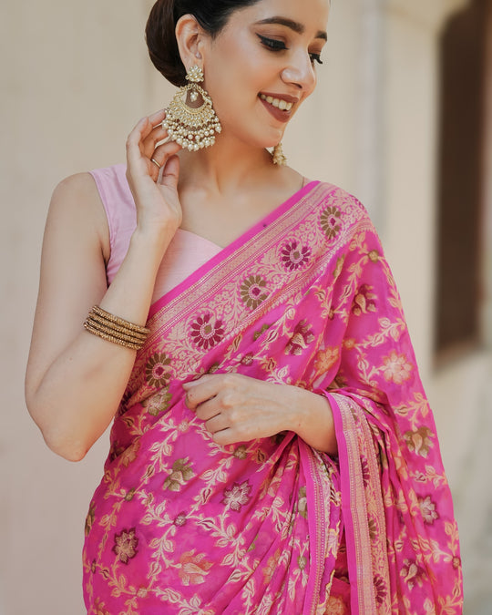 Eternal Pink Ocean Tones Pure Chiffon Saree with Opulent Floral Embellishments