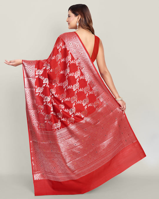 Cherry Red Handwoven Jaal Banarasi Silk Saree