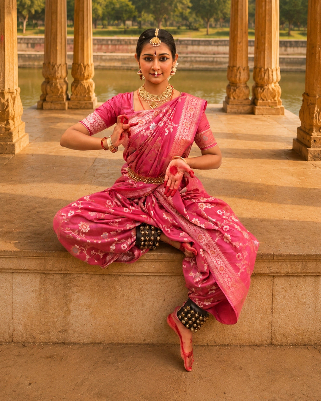 Pink Pure Banarasi Saree with Floral Meenakari Trail Weaves