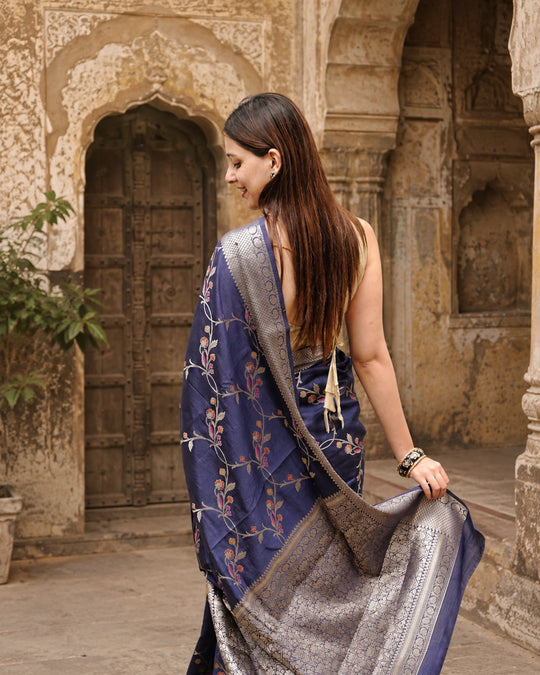 Blue Pure Banarasi Saree with Floral Meenakari Zari Weaving