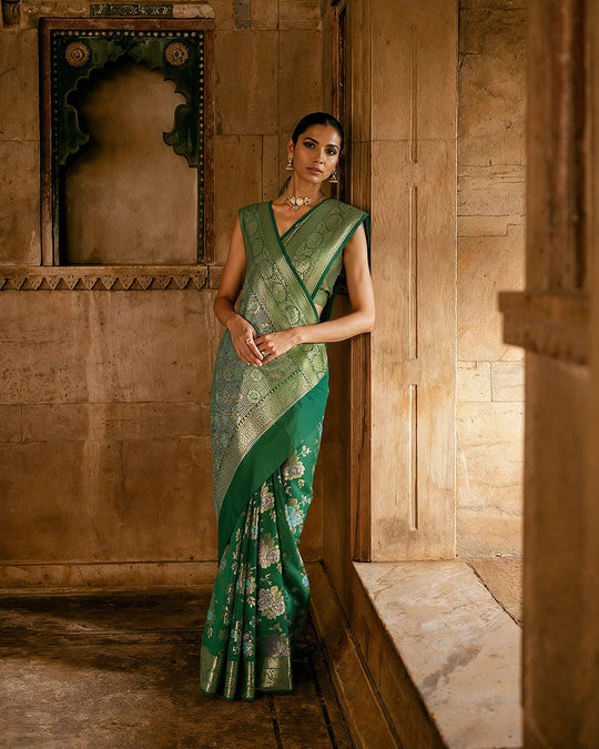 Green Pure Banarasi Saree with Pastel Floral Meenakari Weaving