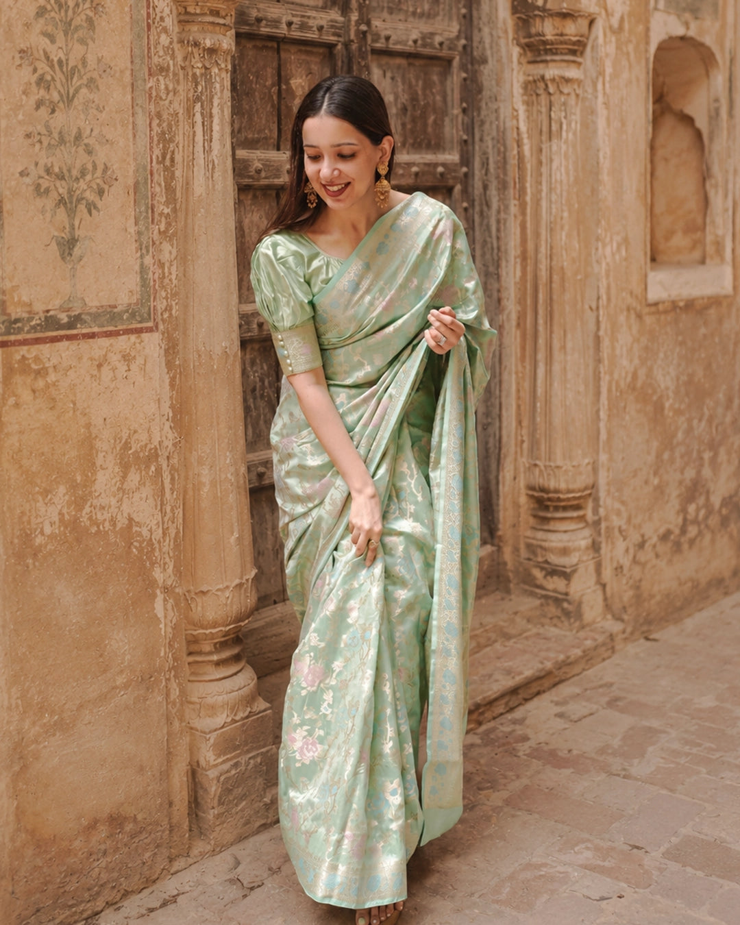 Light Green Pure Banarasi Saree with Multicolour Floral Meenakari Weaving