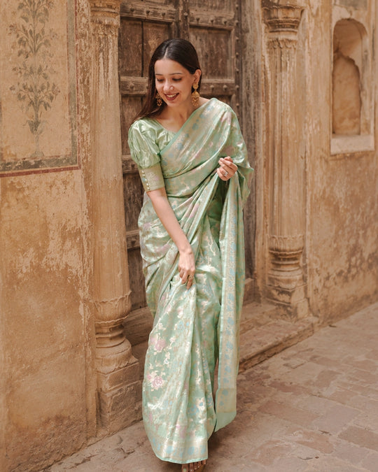 Light Green Pure Banarasi Saree with Multicolour Floral Meenakari Weaving