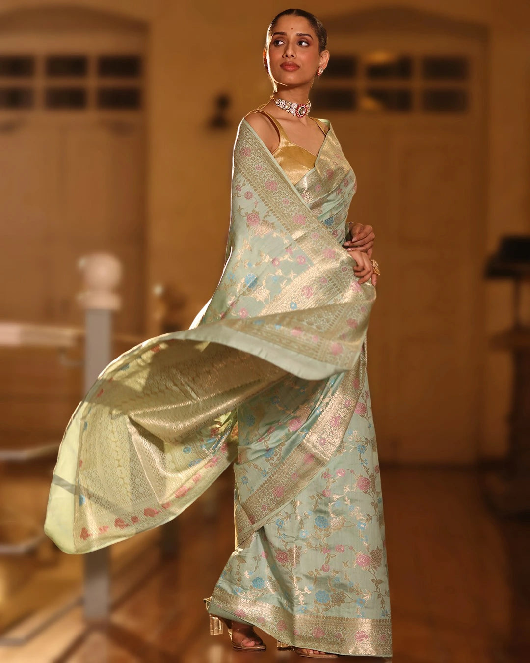 Sea Green Pure Banarasi Saree with Multicolor Floral Jaal Weaving