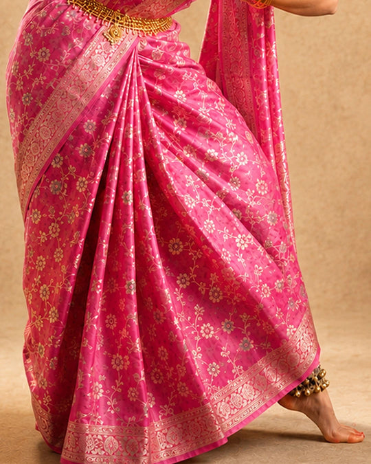 Pink Pure Banarasi Saree with Floral Meenakari Trail Weaves