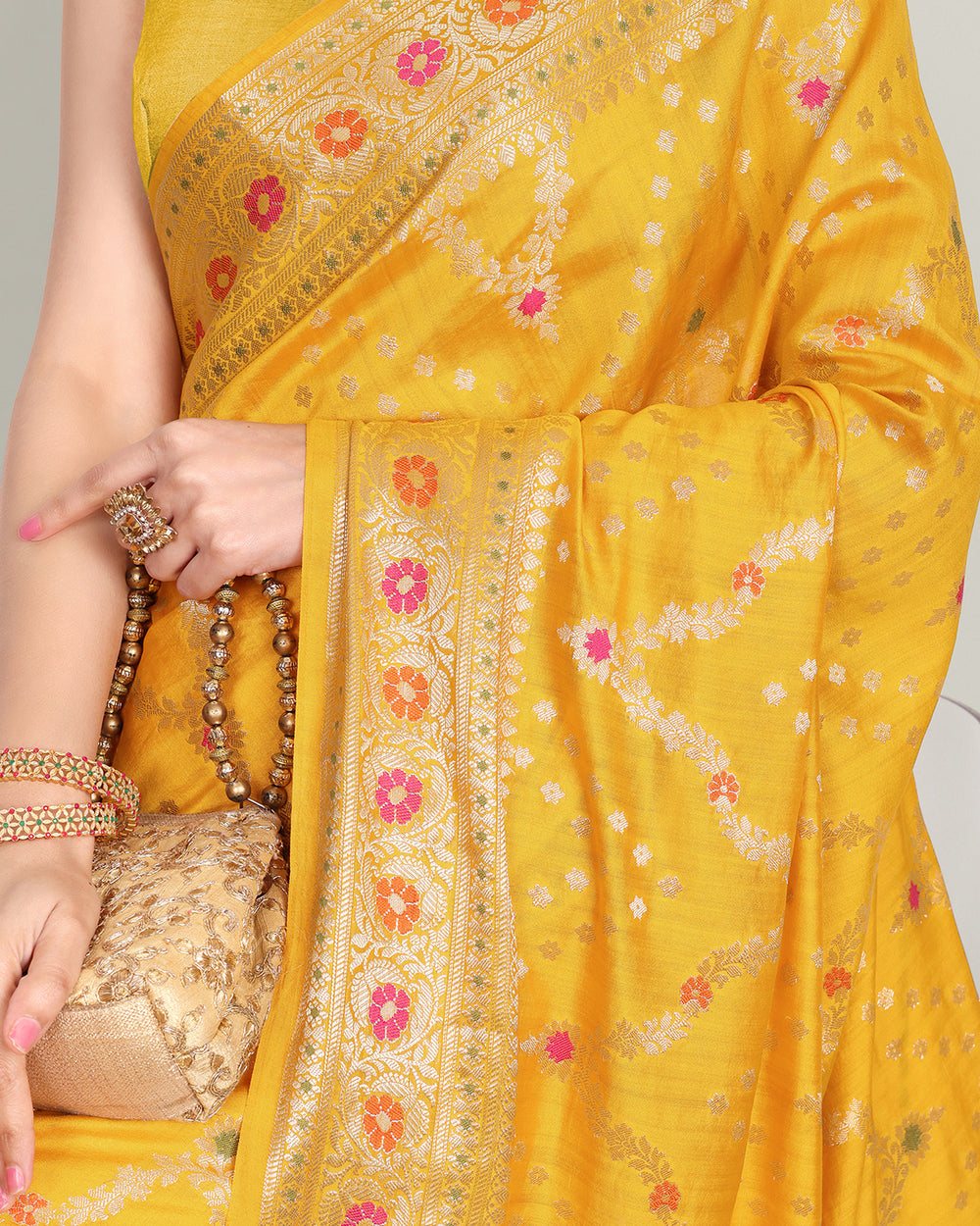 Amber Mustard Meenakari Handwoven Pure Banarasi Silk Saree