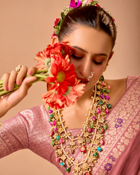 Dusty Rose Pure Banarasi Saree with Floral Meena Weaves