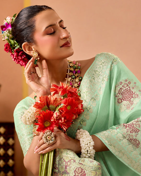 Celadon Pure Banarasi Silk Saree with Graceful Meenakari Floral Weaving