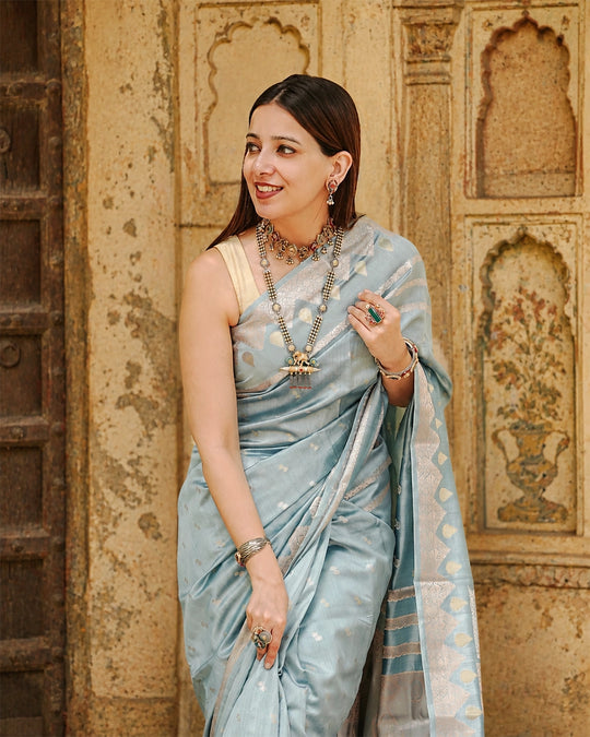 Greyish Ice Blue Pure Banarasi Saree with Delicate Zari Motifs Weaves