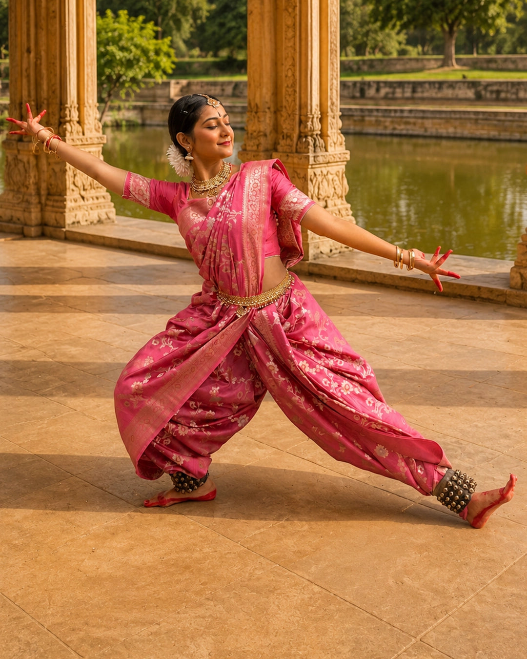Pink Pure Banarasi Saree with Floral Meenakari Trail Weaves