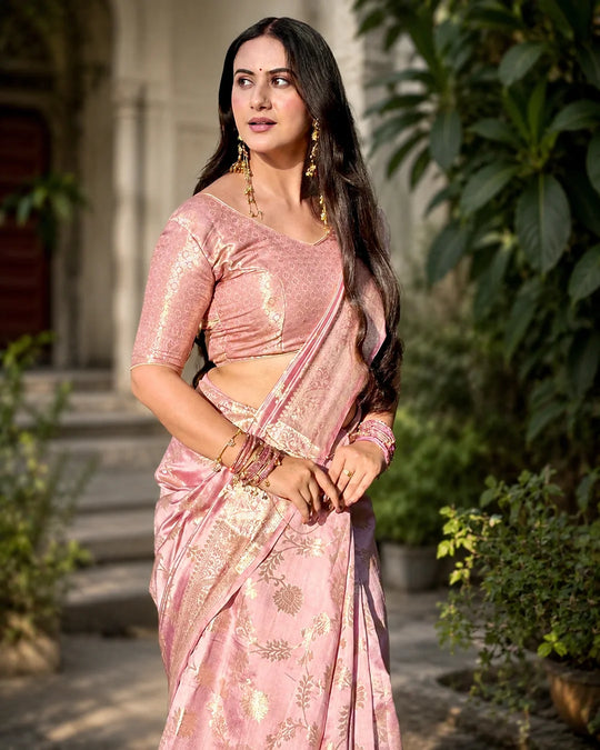 Dusty Lilac Pure Banarasi Saree with Regal Floral Jaal Weaves