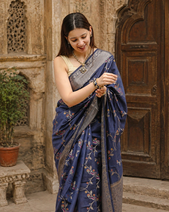Blue Pure Banarasi Saree with Floral Meenakari Zari Weaving