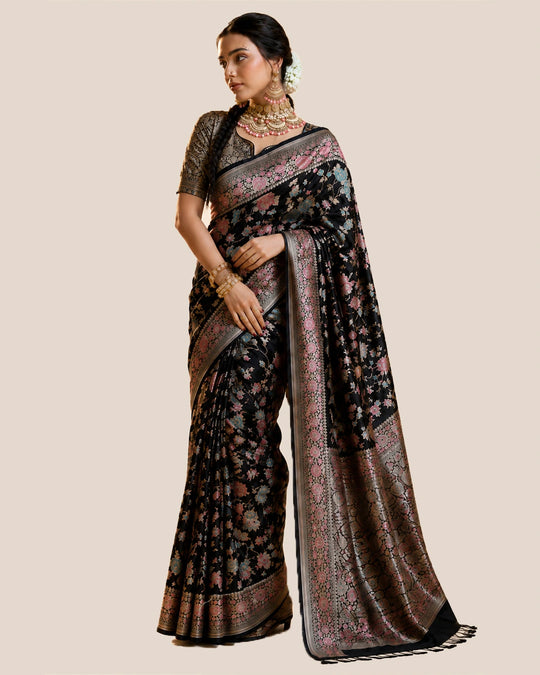 Black Pure Katan Saree with Legacy Meenakari Floral Craftsmanship