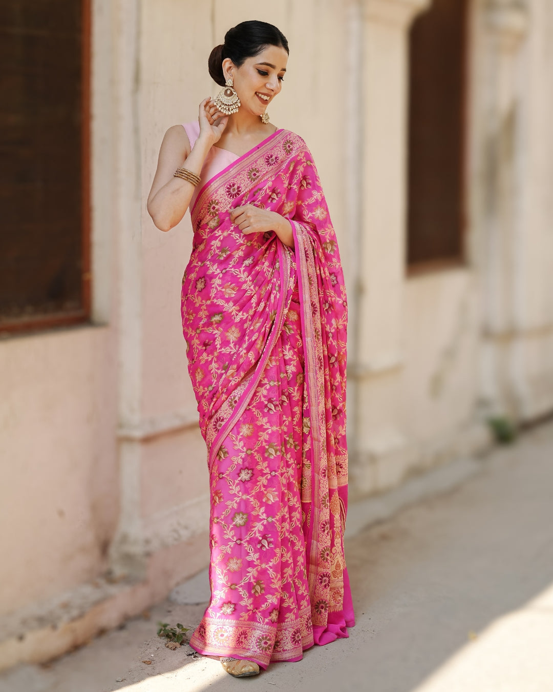 Eternal Pink Ocean Tones Pure Chiffon Saree with Opulent Floral Embellishments