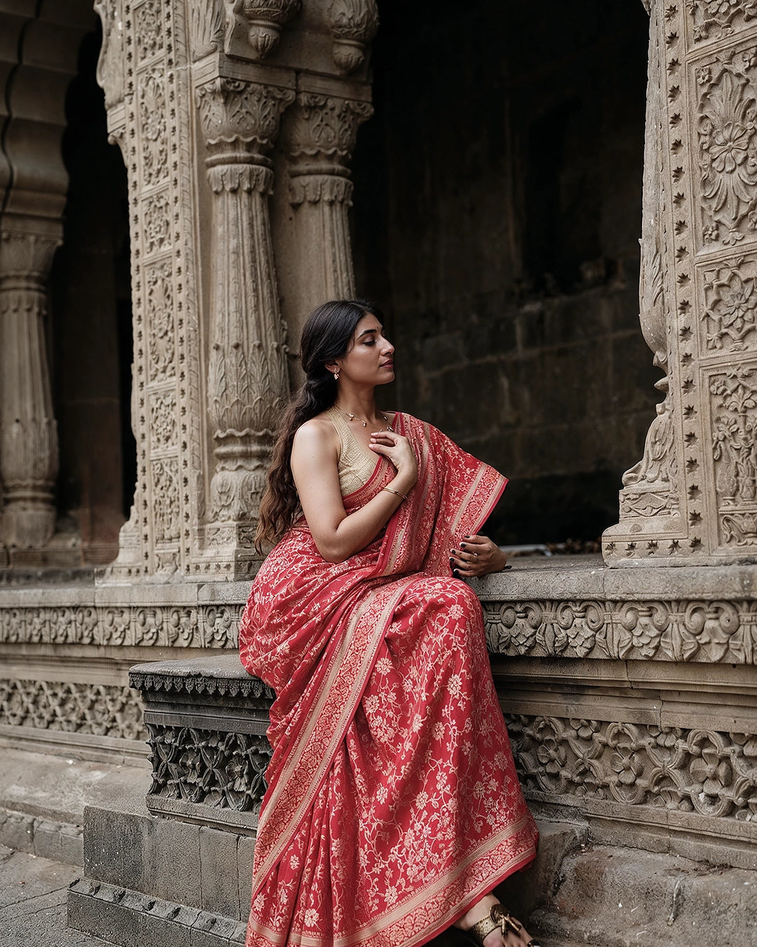 Red Pure Banarasi Saree with Gold Zari Floral Jaal