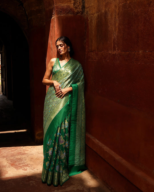 Green Pure Banarasi Saree with Pastel Floral Meenakari Weaving
