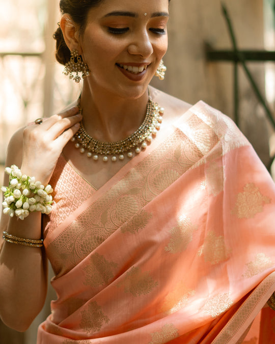 Light Salmon Handwoven Pure Banarasi Silk Saree