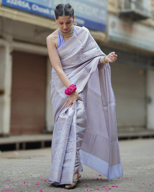 Lavender Pure Banarasi Saree with Ornate Zari Grid