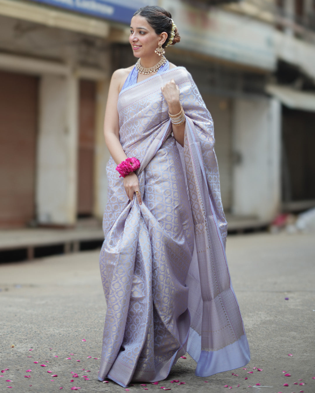 Lavender Pure Banarasi Saree with Ornate Zari Grid