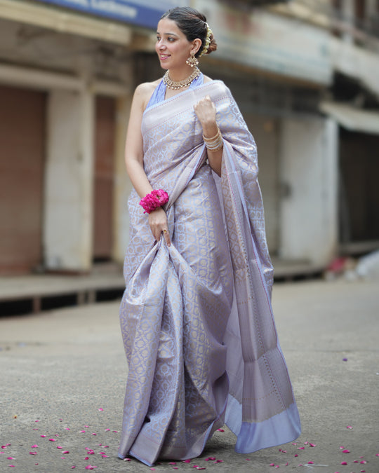 Lavender Pure Banarasi Saree with Ornate Zari Grid