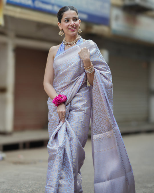 Lavender Pure Banarasi Saree with Ornate Zari Grid