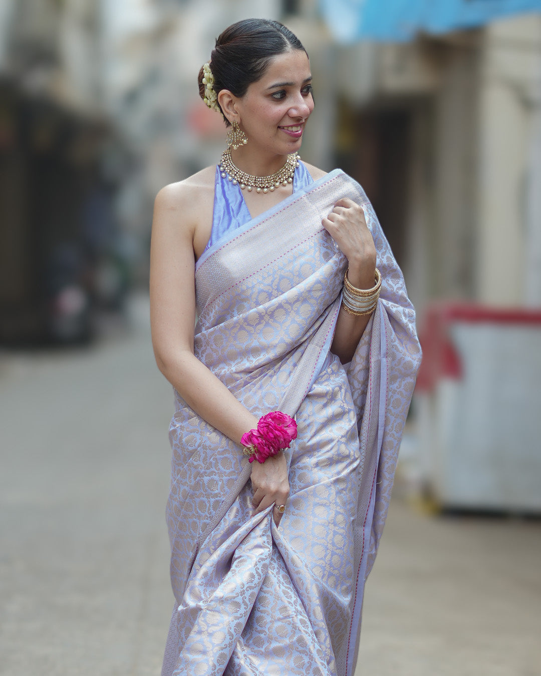 Lavender Pure Banarasi Saree with Ornate Zari Grid