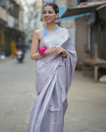 Lavender Pure Banarasi Saree with Ornate Zari Grid